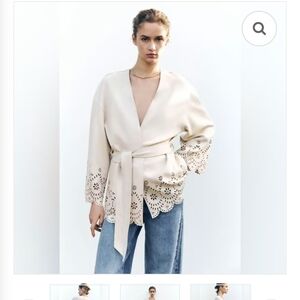 Zara Faux Suede Cream Lace Cutouts Trim Wrap Trench